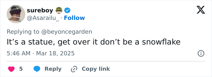 Screenshot of a tweet about a statue, addressing concerns of being overly sensitive.