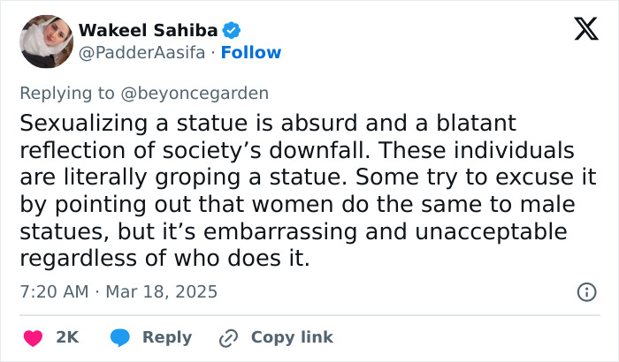 Tweet discussing male tourists groping a statue, sparking debate on societal behavior.