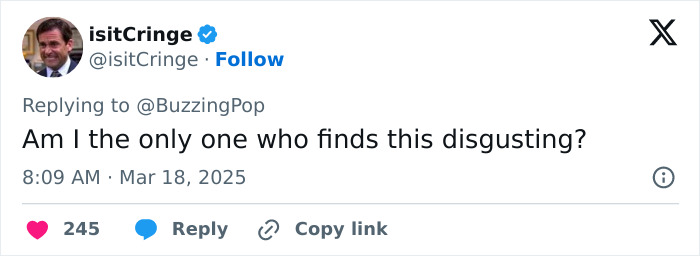 Tweet expressing disgust related to Sabrina Carpenter's controversial performance in shows.