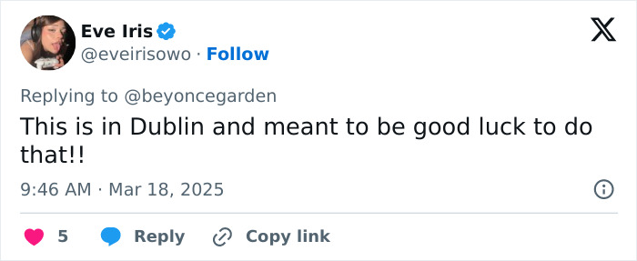 Tweet screenshot about Dublin's statue tradition, mentions luck.