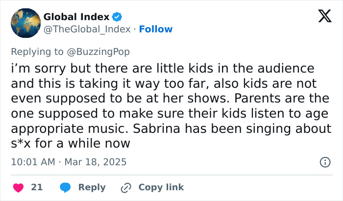 Tweet discussing complaints about Sabrina Carpenter's shows being inappropriate for kids.