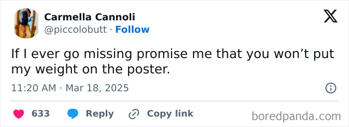 Tweet humorously suggesting not to include weight on missing posters, highlighting generational wealth.