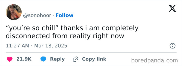 Funny post about being "chill" and disconnected, with social media interactions.