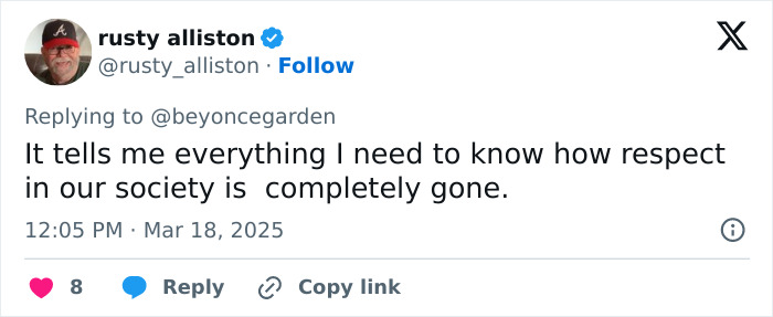 Tweet expressing frustration about societal respect being gone, related to debate on male tourists and a female statue.