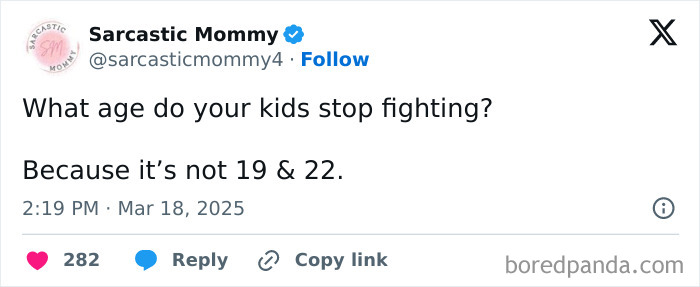 Funny Twitter post about kids fighting, shared by a parent.