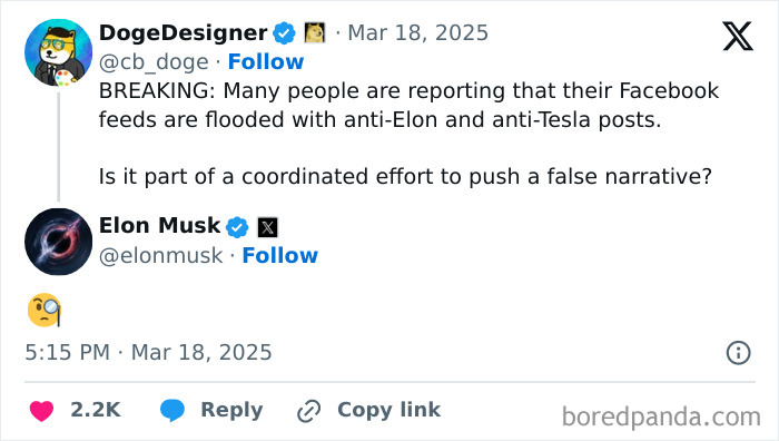 Tweet about anti-Elon and anti-Tesla posts on Facebook, featuring a reaction from Elon Musk.