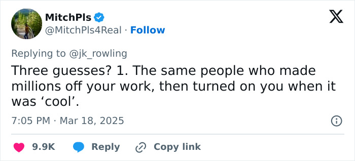 Tweet responding to J.K. Rowling, referencing "Harry Potter" stars and their actions post-fame.