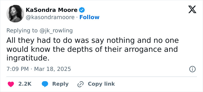KaSondra Moore's tweet in response to J.K. Rowling, expressing discontent with 'Harry Potter' stars.