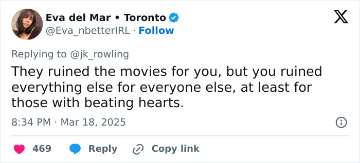 Tweet accusing J.K. Rowling of ruining movies, sparking outrage among 'Harry Potter' stars' fans.