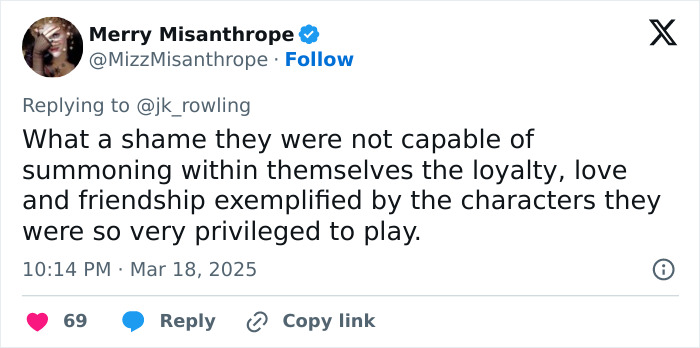 Merry Misanthrope's tweet about loyalty and the "Harry Potter" stars in response to J.K. Rowling.