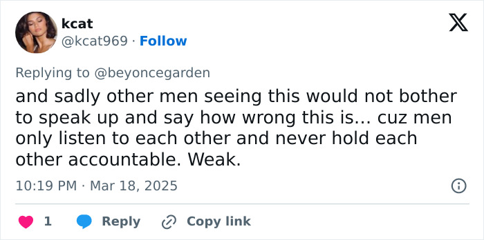 Tweet criticizing male behavior in response to controversial tourist actions.