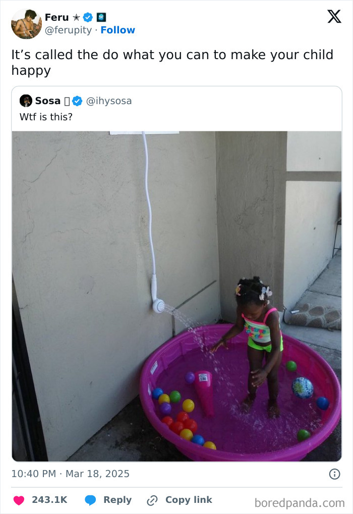 Child playing in a makeshift backyard pool, showcasing a wholesome online community spirit.