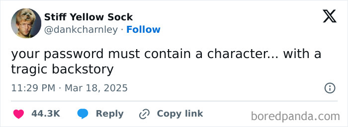 Funny X post about password needing a character with a tragic backstory, posted by Stiff Yellow Sock.