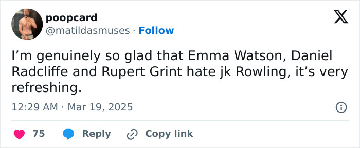 Tweet referencing J.K. Rowling's alleged tension with Harry Potter stars, generating widespread discussion.