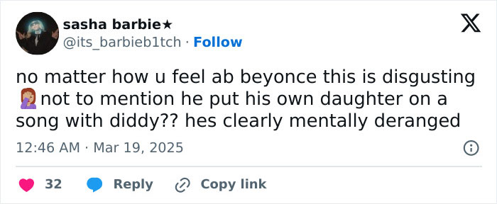 Tweet criticizing a statement about Beyonc&eacute;'s children, mentioning Kanye in a negative context.