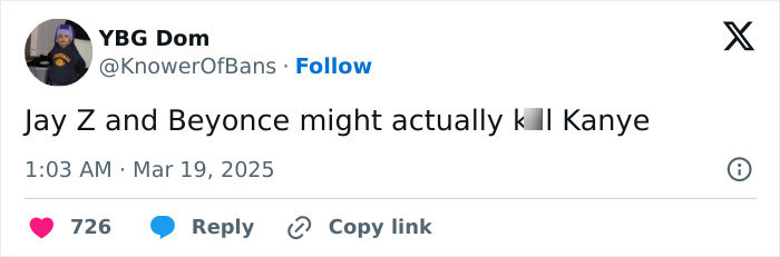 Tweet criticizing Kanye after comments on Beyonc&eacute; and Jay-Z's children, with likes and replies visible.