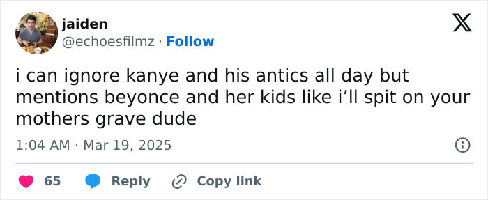 Tweet expressing anger at Kanye's comments about Beyonc&eacute; and her children, highlighting fan frustration.