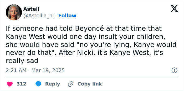 Tweet discussing Kanye West's statement about Beyonc&eacute;'s children with Jay-Z, expressing sadness and disbelief.