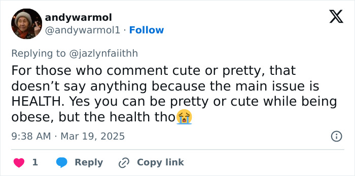 Tweet about health concerns related to obesity, mentioning appearance separately. Tweet about health concerns related to obesity, mentioning appearance separately.