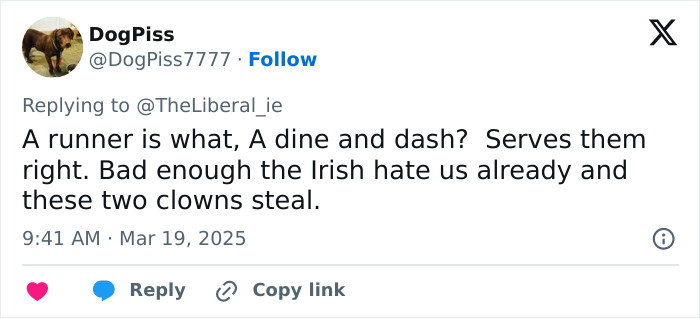 Tweet supporting Irish horse carriage driver against American tourists for alleged fare evasion.