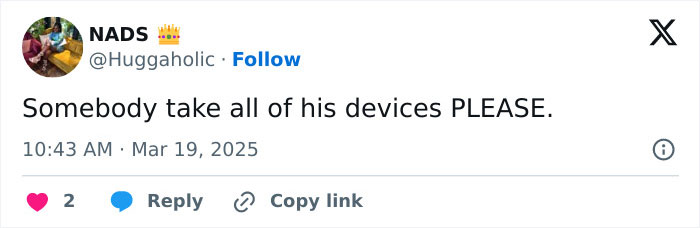 Tweet by user expressing frustration, suggesting Kanye's devices be taken.