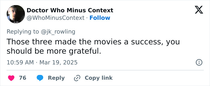 Tweet response to J.K. Rowling about gratitude towards Harry Potter stars for movie success.