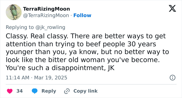 Tweet criticizing J.K. Rowling, calling her a "disappointment" and "bitter" regarding comments on 'Harry Potter' stars.