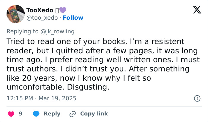 Tweet criticizing J.K. Rowling's writing, expressing discomfort and distrust in books.