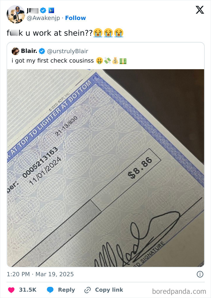 Hilarious work tweets showcase a tweet about a small paycheck with added emojis.