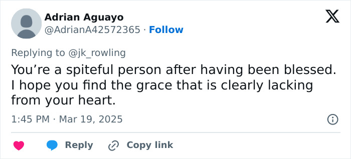 Twitter reply criticizing J.K. Rowling, calling her spiteful and lacking grace following a controversy about Harry Potter stars.