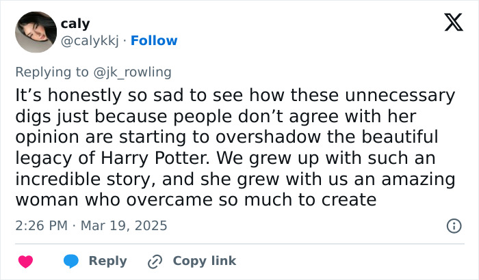 Tweet criticizing J.K. Rowling's opinion and its impact on the Harry Potter legacy.