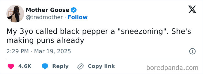 Parent shares funny tweet about a 3-year-old calling black pepper "sneezoning," showcasing kids' humor on Twitter.