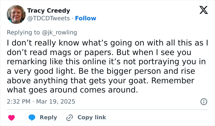 Tweet criticizing J.K. Rowling's remarks about 'Harry Potter' stars.