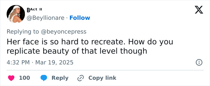 Tweet about Beyoncé's new country-themed wax figure, discussing challenges of replicating her beauty. Tweet about Beyoncé's new country-themed wax figure, discussing challenges of replicating her beauty.