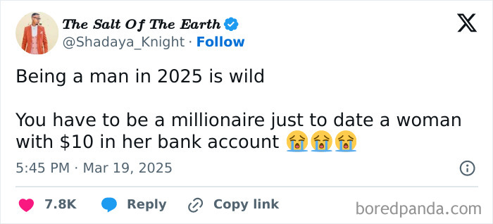 Social media post sharing a "hot take" about dating and finances in 2025 with crying emojis.