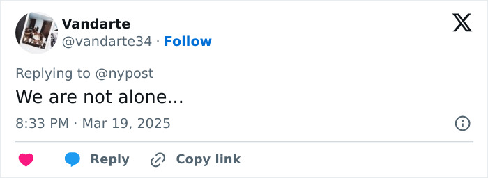 Social media post by Vandarte about an "alien" fish discovery, stating: "We are not alone.