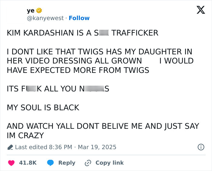 Kanye West alleging Kim Kardashian of trafficking in social media post.