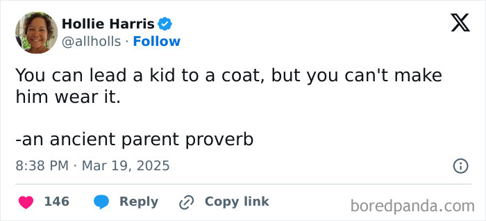 Funny and relatable tweet by a parent about persuading kids to wear coats.