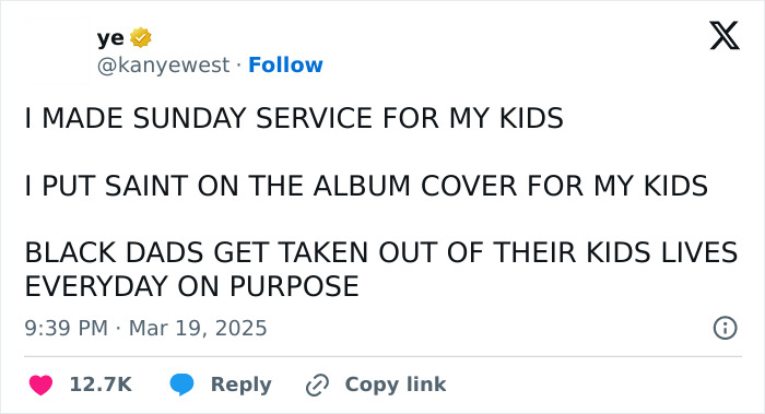Kanye West tweet discussing involvement with his kids and issues faced by black fathers.