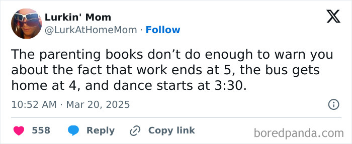 Tweet by Lurkin' Mom humorously highlighting relatable parenting challenges with timing schedules.