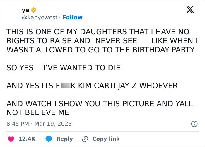 Kanye West shares a social media post expressing frustration over daughter custody issues.