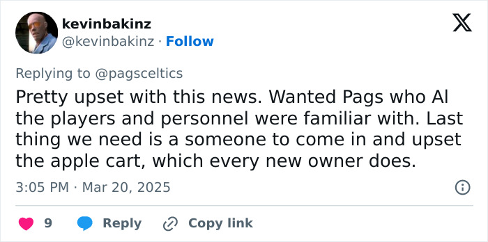 Tweet expressing concern about the Boston Celtics sold to investors, mentioning new ownership issues. Tweet expressing concern about the Boston Celtics sold to investors, mentioning new ownership issues.