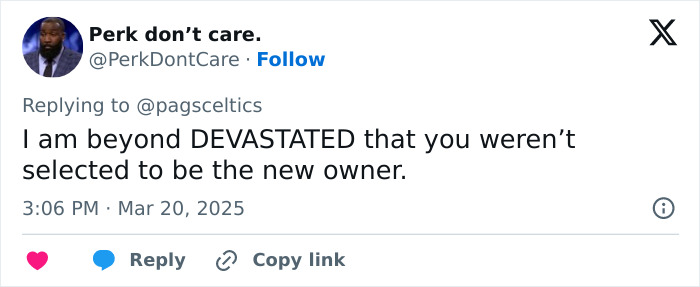 Tweet expressing disappointment about the Boston Celtics' new ownership group. Tweet expressing disappointment about the Boston Celtics' new ownership group.