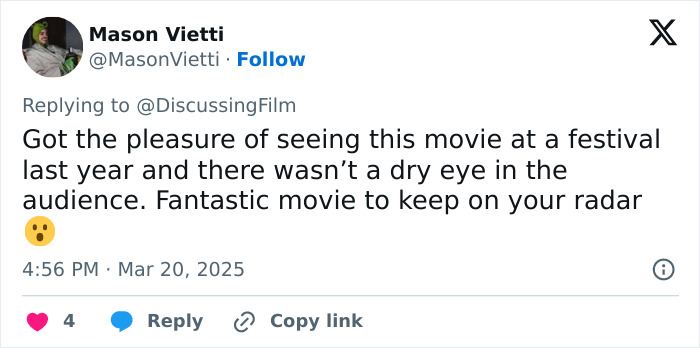 Tweet discussing a movie with a shocked emoji, noting its emotional impact and recommending it.
