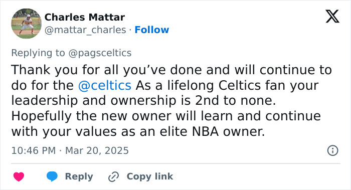 Tweet expressing gratitude to Celtics leadership, hopes new owner maintains values after $6.1B investor purchase. Tweet expressing gratitude to Celtics leadership, hopes new owner maintains values after $6.1B investor purchase.