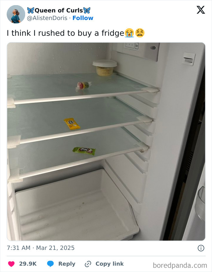 Empty fridge with a sauce packet and a yogurt cup, showcasing a funny X post.