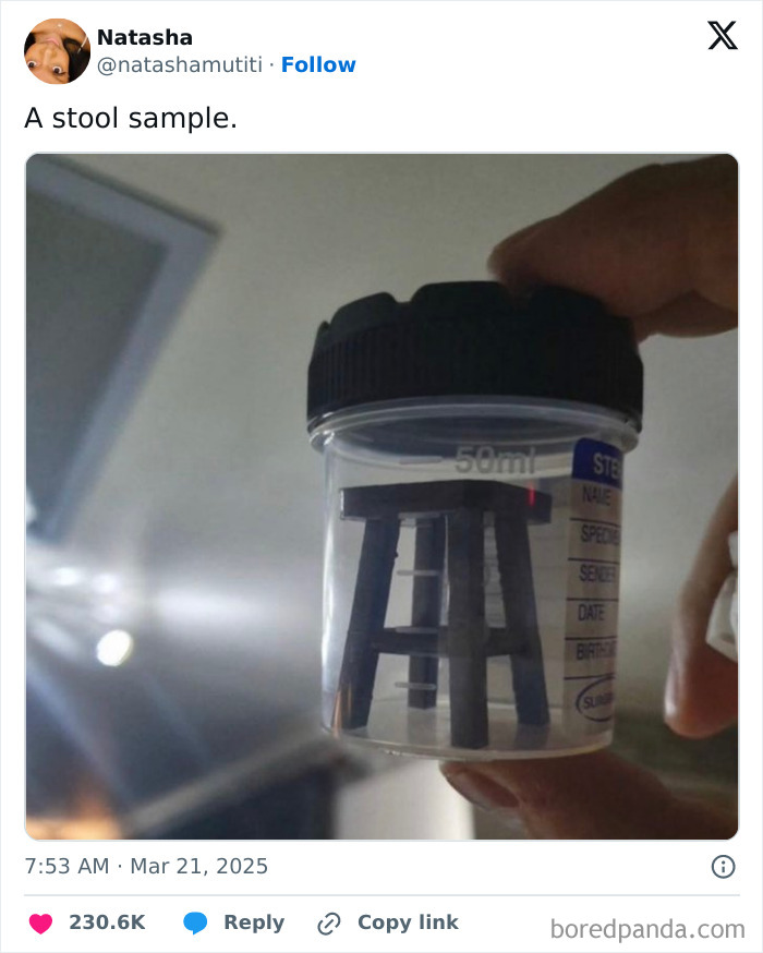 A small stool inside a sample jar, humorously labeled as a "stool sample," from a funny post.