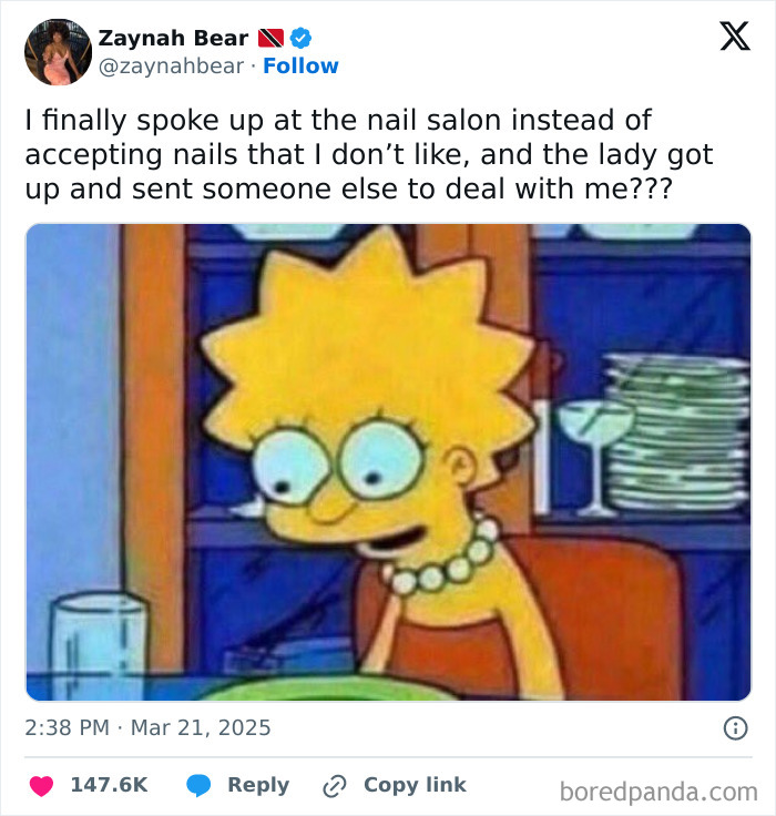 Cartoon character with wide eyes in a funny X post about a nail salon experience.