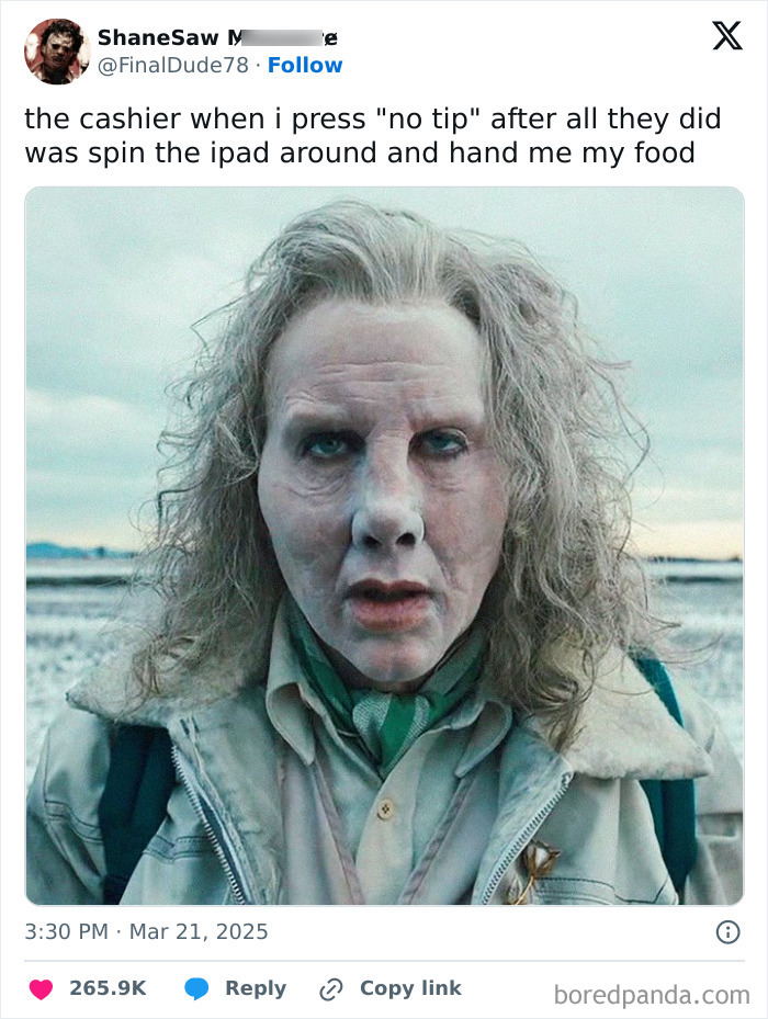 A humorous meme depicting a character's shocked face as a reaction to pressing "no tip."