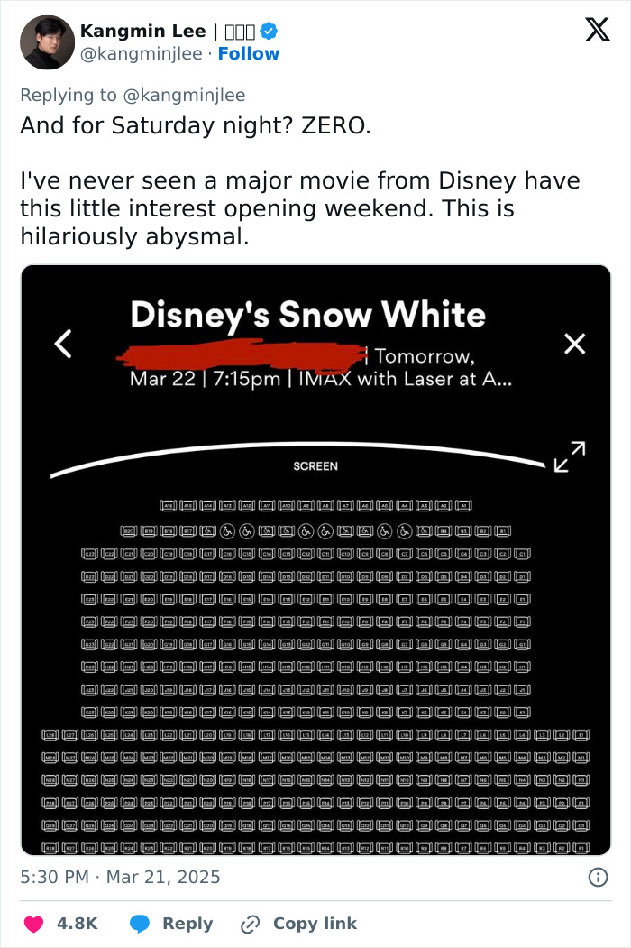 Empty theater seating chart for 'Snow White' primetime shows a lack of audience interest.